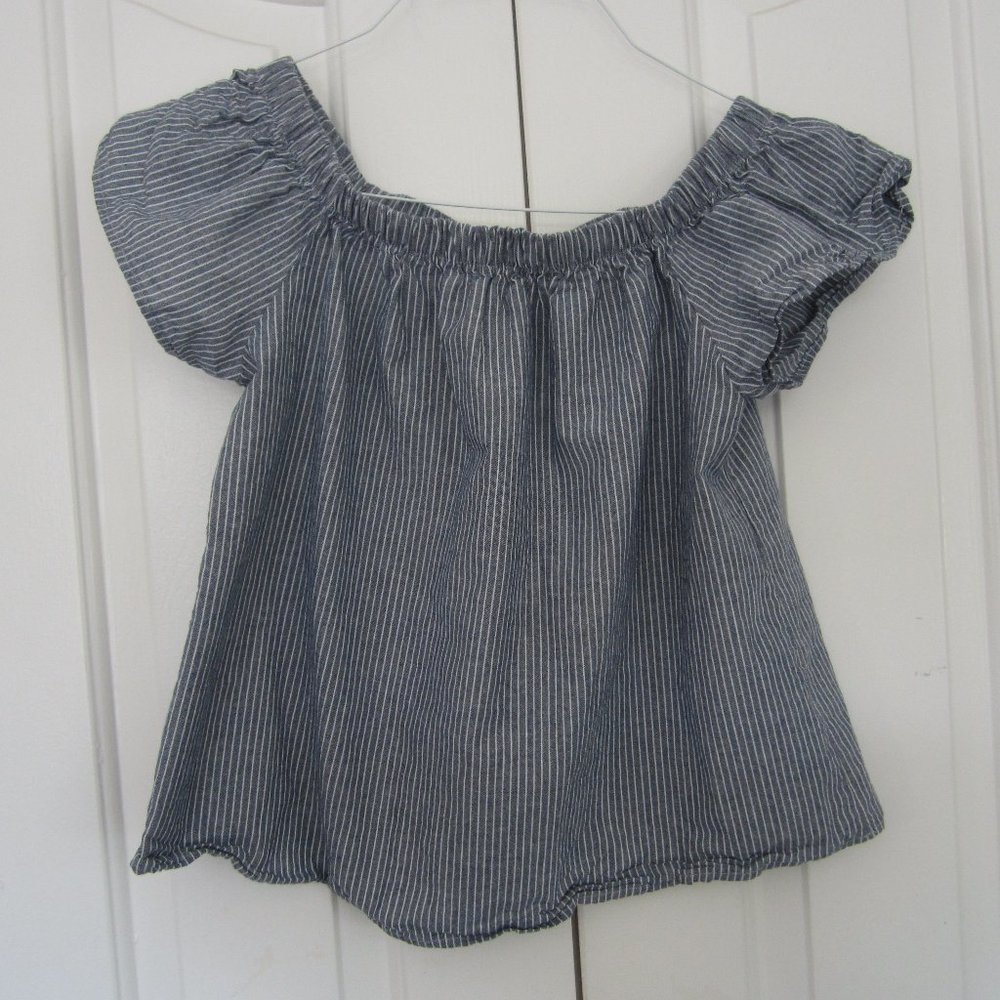 Pinstripe Blue Striped Puffy Sleeved Loose Boho Blouse Casual Wide Neck Mexican